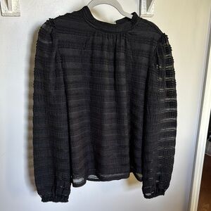 LOFT Black Ribbed Blouse with Mandarin Collar